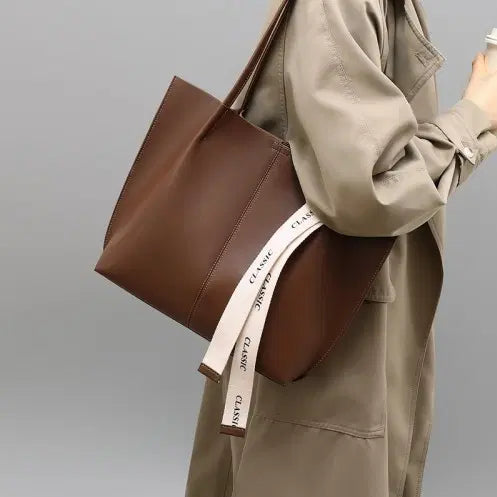 [BUNJANG] Genuine Leather Brown Tote Bag Pouch Set / [새제품] 천연소가죽 브라운 레더 토트백 파우치 세트급처해요
