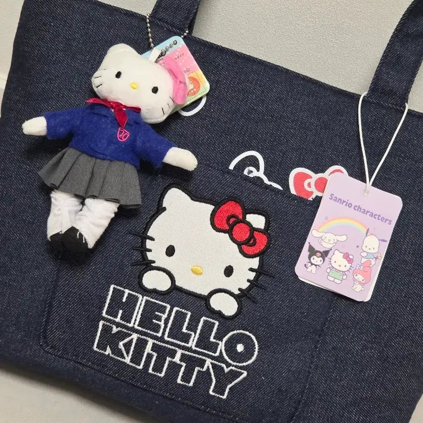 [BUNJANG] Sanrio Hello Kitty Denim Shoulder Bag & Uniform Kitty Plush Keychain Set / 키티 데님백 숄더백 교복 키티 세트