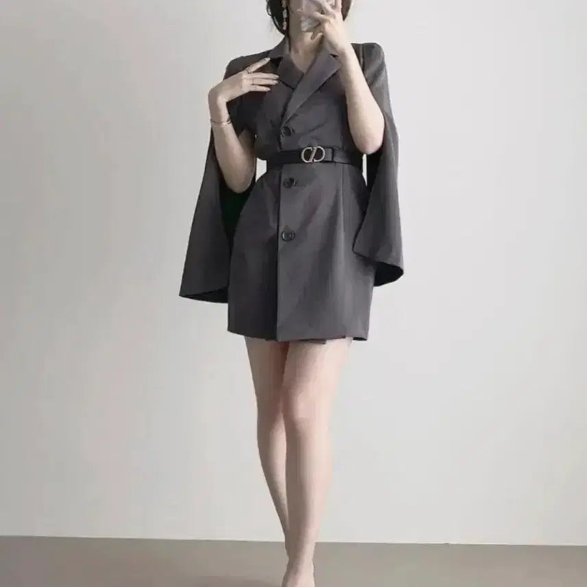 [BUNJANG] Cape Jacket Midi Dress - Grey / 케이프 자켓 원피스 입니다 그레이 색상