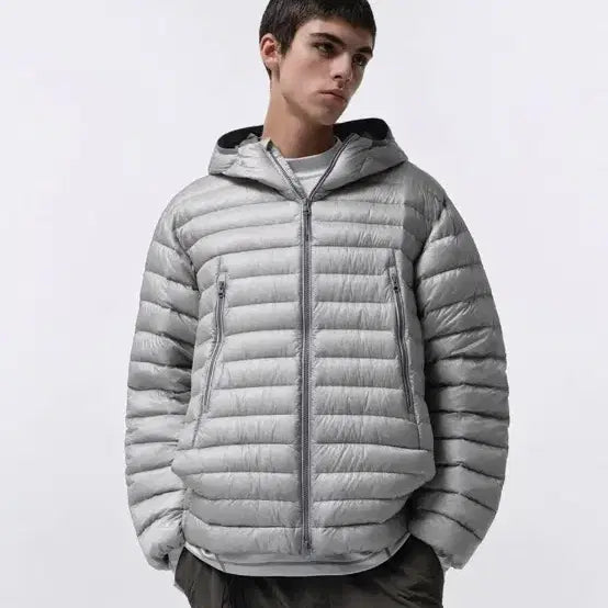 [BUNJANG] MUDIDI Ripstop Hooded Light Down Jacket Light Grey / 무탠다드 립스탑 후디드 라이트 다운 재킷 라이트그레이L