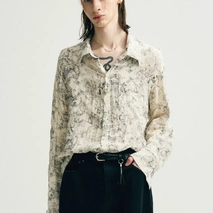 [BUNJANG] Noir Natural Flower Crinkle Shirt (Black) / 노이어 네츄럴 플라워 크링클 셔츠(블랙)