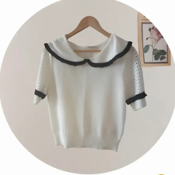 [BUNJANG] Lenibon Ivory Short-Sleeve Knit Sailor Collar Top / 레니본 아이보리 반팔 니트
