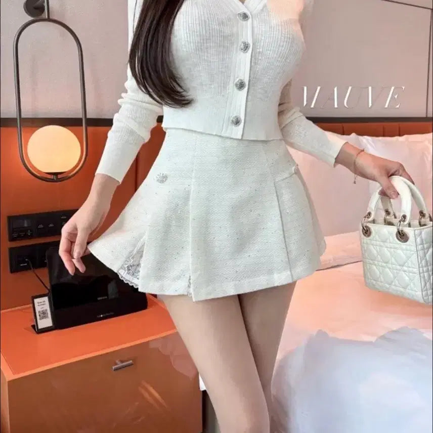 [BUNJANG] Mobe Showroom Pleated Skirt - White / 맨뒤실사) 모브쇼룸 빼꼼 레이스 트위드 스커트 -화이트