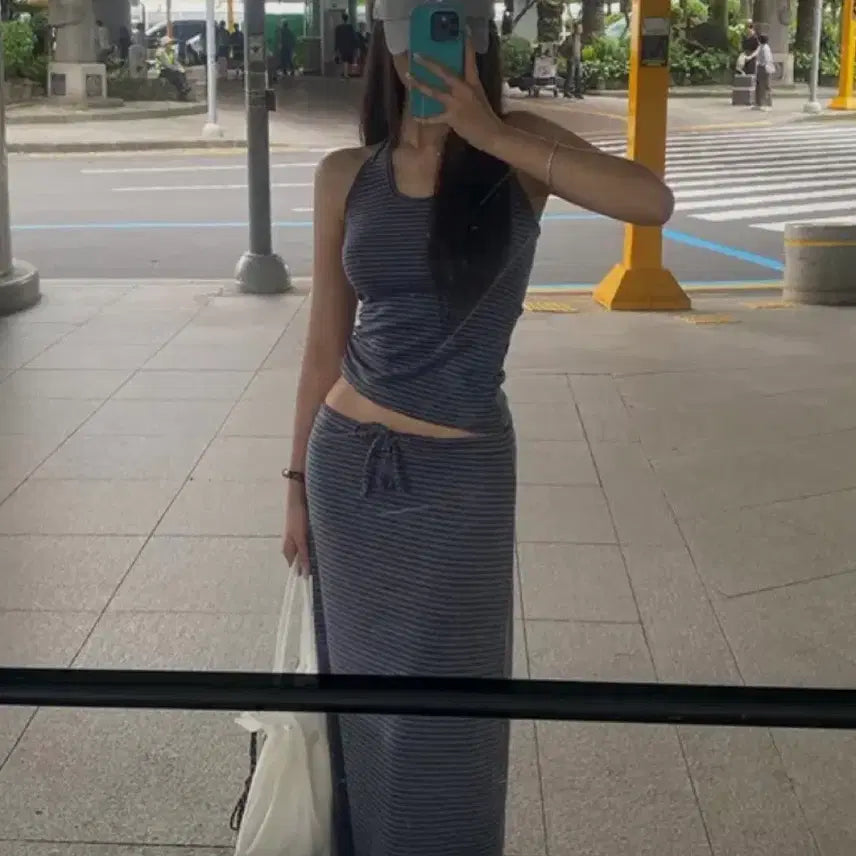 [BUNJANG] Stripe Sleeveless Skirt Set / 스트라이프나시스커트 세트 트레이닝세트 롱스커트