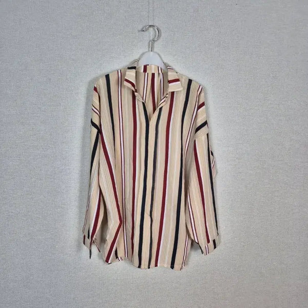 [BUNJANG] Beige Vertical Stripe Long Sleeve Blouse / (#77,88추천)빅사이즈 베이지 세로 스트라이프 긴팔 블라우스