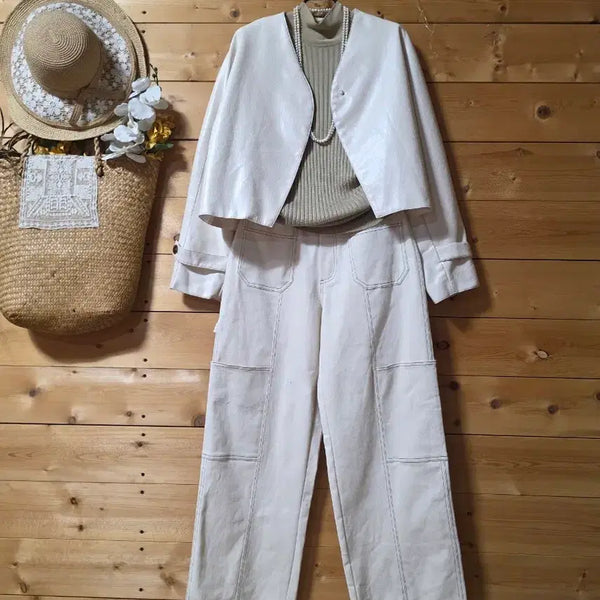 [BUNJANG] Women's Synthetic Leather Collarless Jacket (Size 77) / 노카라합성가죽자켓