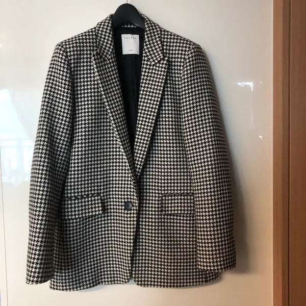 [BUNJANG] Sandro Paris Signature Houndstooth Single Blazer Jacket / 산드로 파리 SANDRO 시그니처 하운드투스 싱글 블레이저 36 울 자켓 체크 하객룩