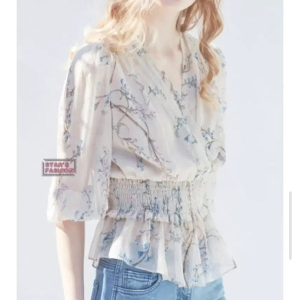 [BUNJANG] Athé Floral V-Neck Shirring Silk Blouse / 아테(athe) 플로럴 브이넥 셔링 블라우스 36