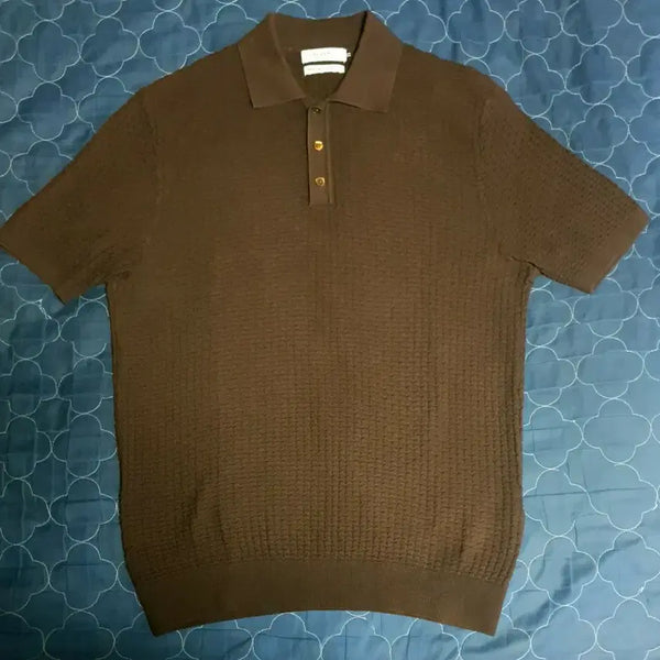 [BUNJANG] Ollejen Premium Cotton Embossing Pattern Short Sleeve Polo Knit - Brown (M) / 올젠 SS시즌 프리미엄 코튼 엠보싱패턴 반팔 카라 니트 브라운 (M)