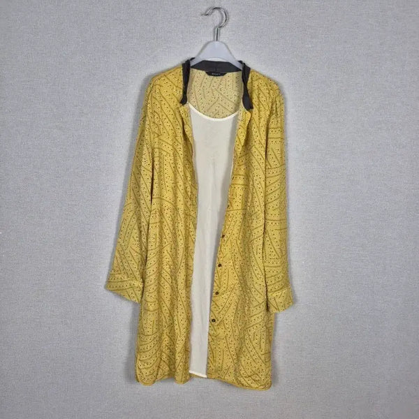 [BUNJANG] Charcoal Collar Yellow Pattern Long Sleeve Blouse / (66추천/88)견92% 차콜카라 옐로우패턴 긴팔 롱블라우스