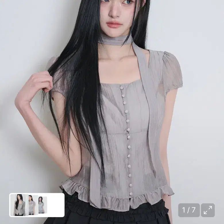 [BUNJANG] Ribbon Tie Square Neck Blouse - Grey / 리본 타이 스퀘어넥 블라우스 그레이