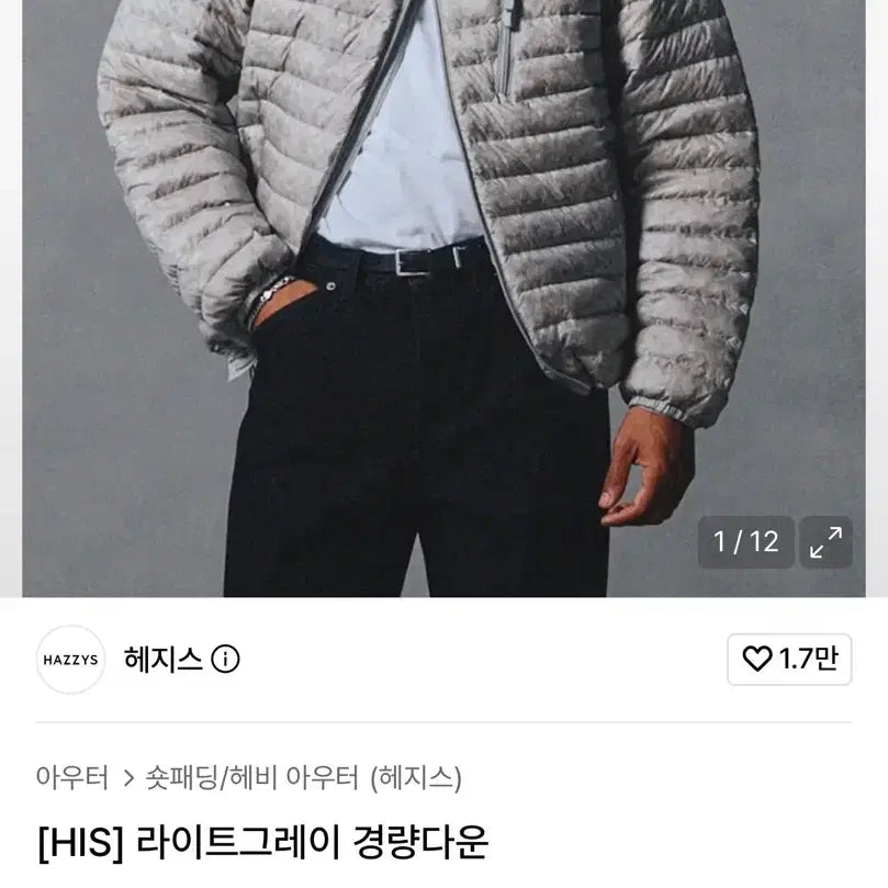 [BUNJANG] Hazzys HIS Light Gray Goose Lightweight Down Jacket / 헤지스 HIS 라이트그레이 구스 경량다운 새상품