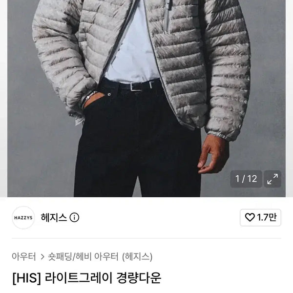 [BUNJANG] Hazzys HIS Light Gray Goose Lightweight Down Jacket / 헤지스 HIS 라이트그레이 구스 경량다운 새상품