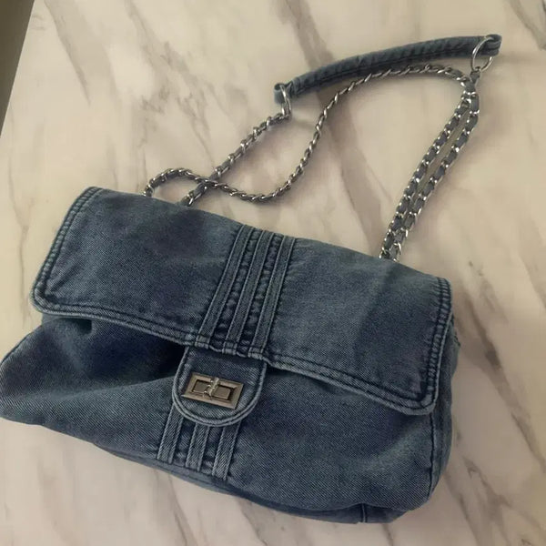 [BUNJANG] Denim Chain Shoulder Bag / 청 데님 체인 숄더백