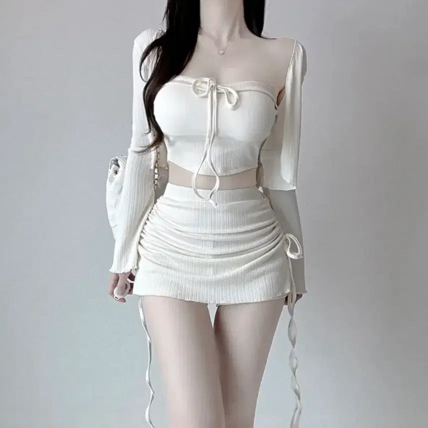 [BUNJANG] White Top Cardigan Skirt Set / [무료배송/새상품]화이트 탑 가디건 스커트 세트 페미닌룩 여리룩