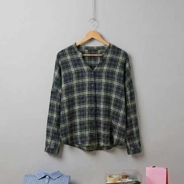 [BUNJANG] Check Pattern Crinkle Fabric Shirt with Neck Slit / (새제품)체크 패턴 요르원단 넥트임 셔츠