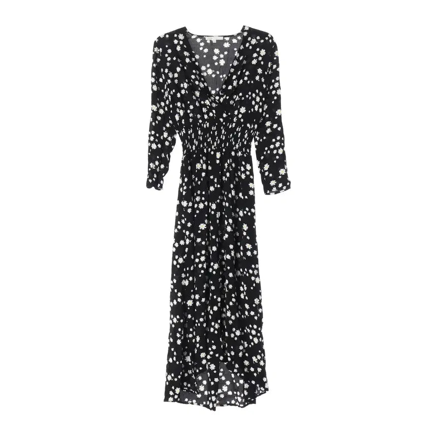 [BUNJANG] Maje Floral Pattern V-Neck Smocked Long Dress / 마쥬 플로럴 패턴 브이넥 스모크 롱 원피스