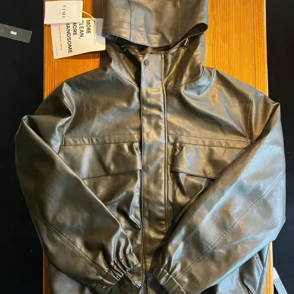 [BUNJANG] Time Homme Leather Hooded Jacket Dark Brown / 타임옴므 레더 후드 자켓