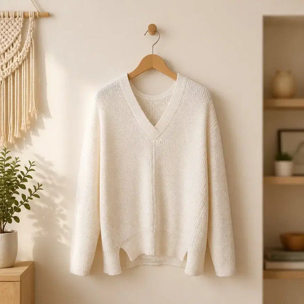 [BUNJANG] System 2021 Layered V-Neck Oversized Knit - Ivory / 한섬 시스템 SYSTEM 2021 브이넥 오버핏 니트 F사이즈