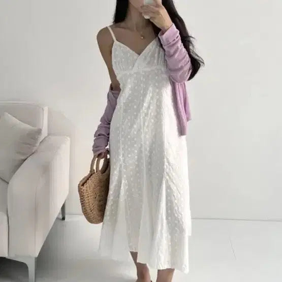 [BUNJANG] White Embroidered Long Strap Dress / 화이트 자수 롱 끈 원피스
