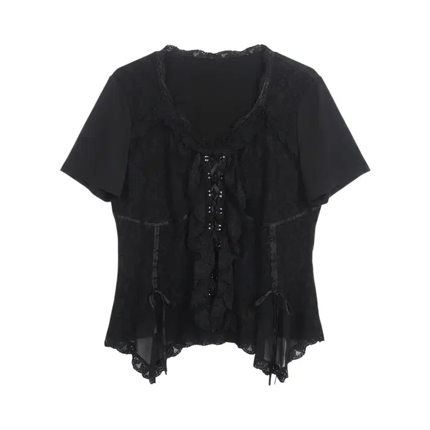 [BUNJANG] Black Lace Short Sleeve Blouse / 여성F/ 블랙 레이스 반팔 블라우스 20-19