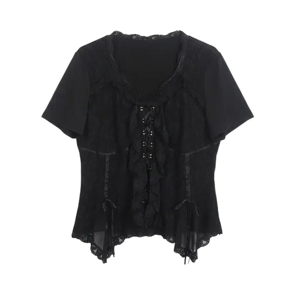 [BUNJANG] Black Lace Short Sleeve Blouse / 여성F/ 블랙 레이스 반팔 블라우스 20-19