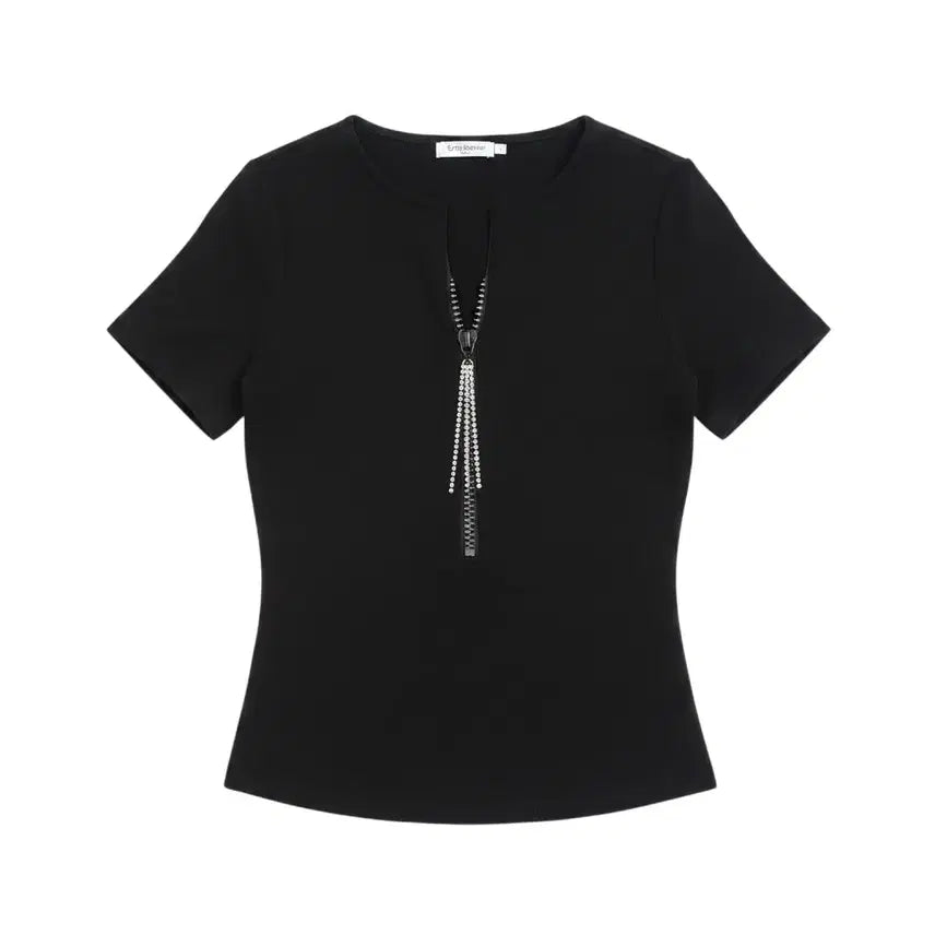 [BUNJANG] Women's Half-Zip Short-Sleeve T-Shirt BK / 여성M/ 쥬얼리 반집업 반팔티셔츠BK 20-23