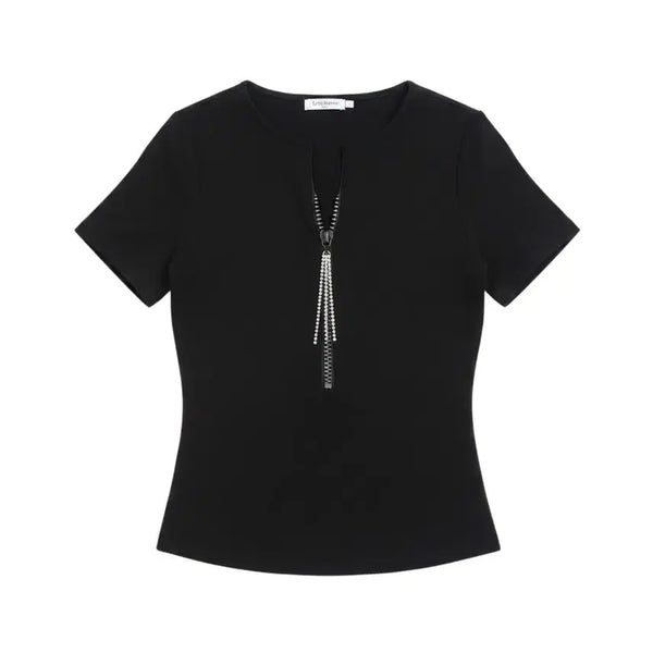 [BUNJANG] Women's Half-Zip Short-Sleeve T-Shirt BK / 여성M/ 쥬얼리 반집업 반팔티셔츠BK 20-23