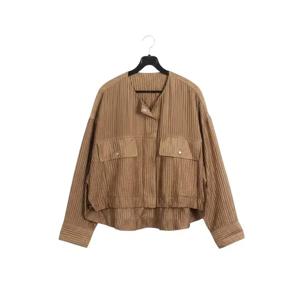 [BUNJANG] Women's Brown Corduroy Collarless Zip-Up Jacket / 여성F/ 브라운 골덴 노카라 집업자켓 20-24