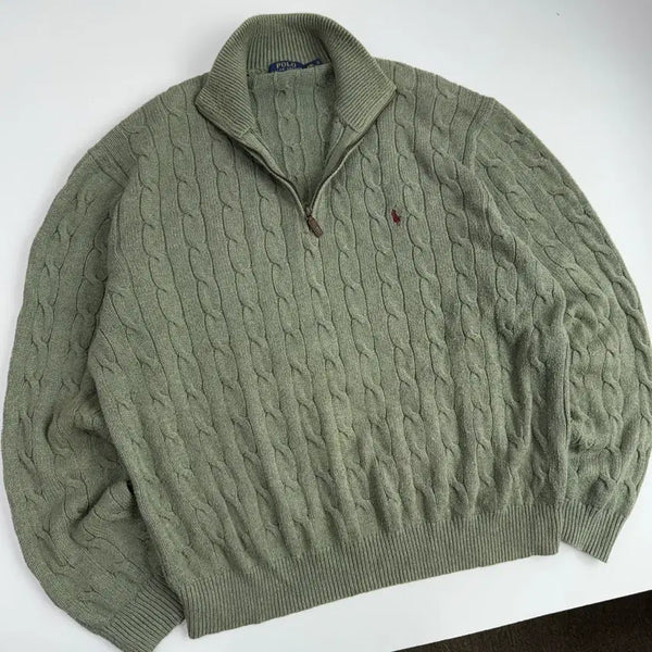 [BUNJANG] Polo Ralph Lauren Embroidered Cotton Light Green Cable Half-Zip Knit XXL / Polo  폴로 랄프로렌 자수 코튼 라이트그린 케이블 반집업 니트