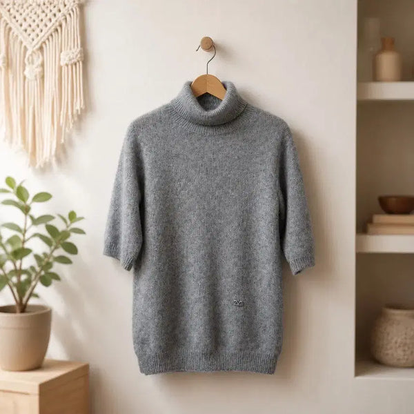 [BUNJANG] Mishaa Angora Blend Short Sleeve Turtleneck Knit (Size S) / 미샤 울 앙고라 혼방 그레이 반팔 터틀넥 니트 85사이즈