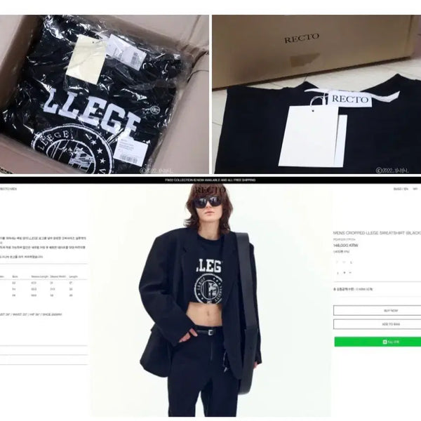 [BUNJANG] Recto LLEGE Crop Sweatshirt Black / 11만대) S)렉토 LLEGE 크롭 맨투맨 블랙