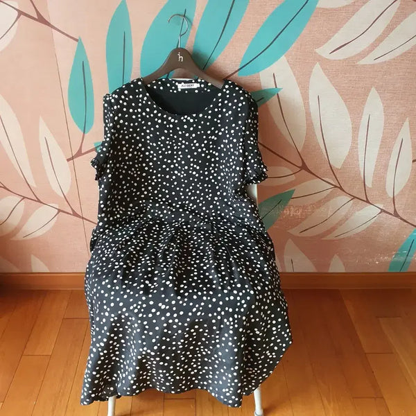 [BUNJANG] Black Dot Pattern Short Sleeve Dress / 블랙 도트 패턴 반팔 원피스