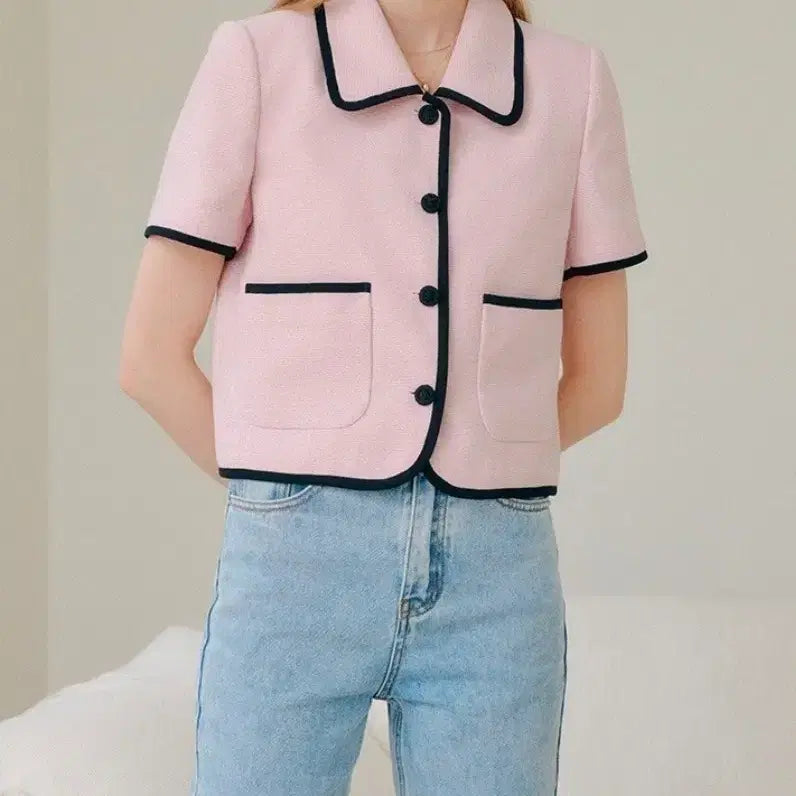 [BUNJANG] Lookast Tweed Short Sleeve Jacket Pink / 룩캐스트 트위드 반팔 자켓 핑크
