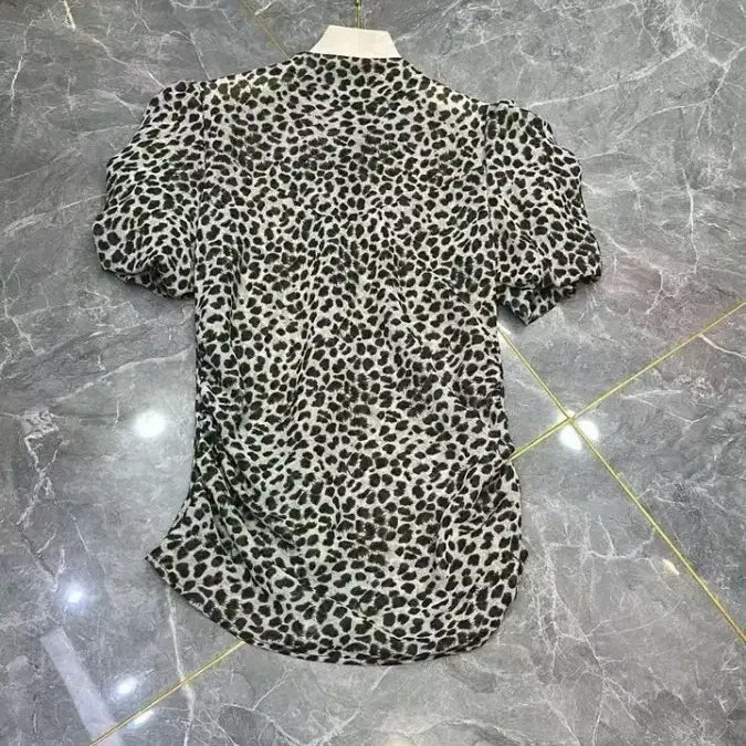 [BUNJANG] Leopard Pattern Puff Sleeve Blouse / (새상품)레오파드 패턴 퍼프 소매 티블라우스