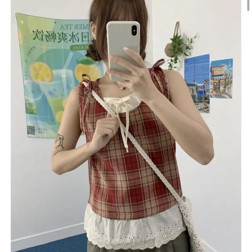 [BUNJANG] Love & Pop Adele Check Shoulder Ribbon Sleeveless Top / 러브앤드팝 아델체크 어깨 리본 나시