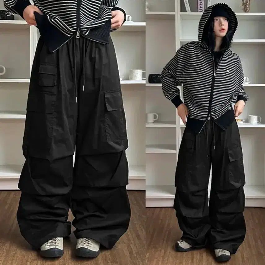 [BUNJANG] Black Parachute Cargo Wide Pants (Short) / 블랙 파라슈트 카고 와이드 팬츠