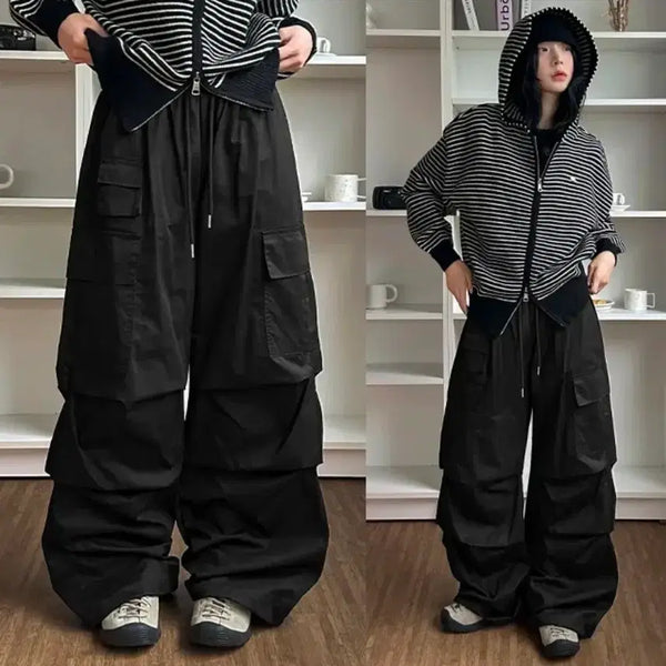 [BUNJANG] Black Parachute Cargo Wide Pants (Short) / 블랙 파라슈트 카고 와이드 팬츠