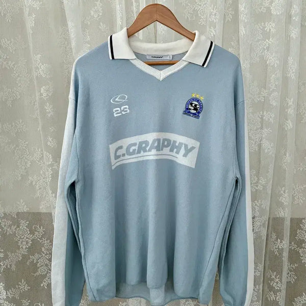 [BUNJANG] Code: graphy Soccer Collar Knit Blue / S) 코드그라피 싸커 카라 니트 블루
