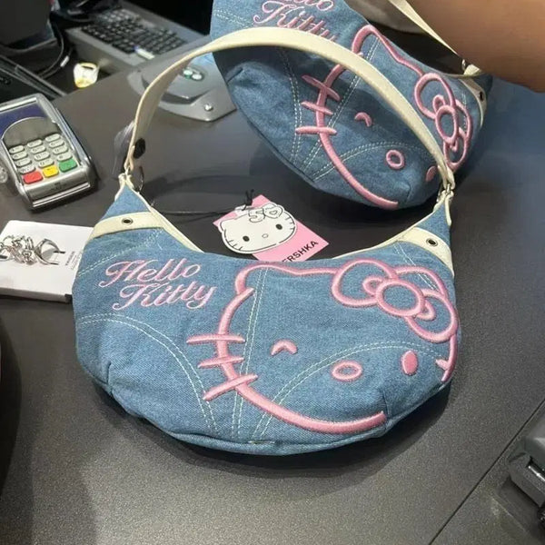 [BUNJANG] Hello Kitty Embroidered Blue Denim Shoulder Bag / [새상품] 헬로키티 자수 청데님 숄더백