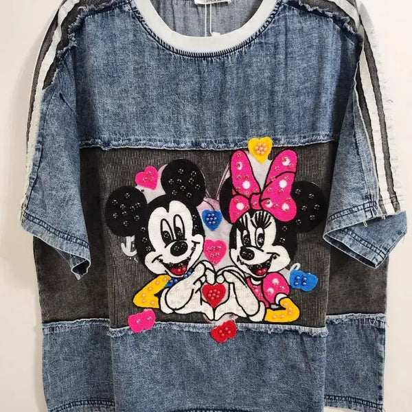 [BUNJANG] Disney Mickey Minnie Mouse Denim Cubic Patch Oversized Short Sleeve T-Shirt / 디즈니 미키미니마우스 데님 큐빅패치 빅사이즈 오버핏 반팔티셔츠<새상품>가격내림x
