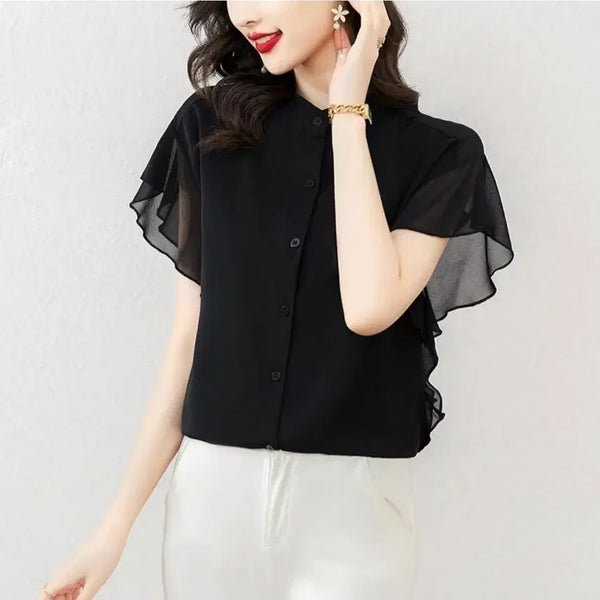 [BUNJANG] Black Chiffon Frill Blouse / 블랙 쉬폰 프릴 블라우스 free