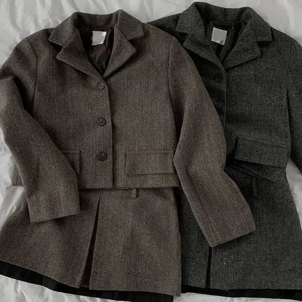 [BUNJANG] Herringbone Wool Short Jacket & Pleated Mini Skirt Set / 헤링본 울 숏자켓 + 플리츠 미니스커트 셋업 투피스