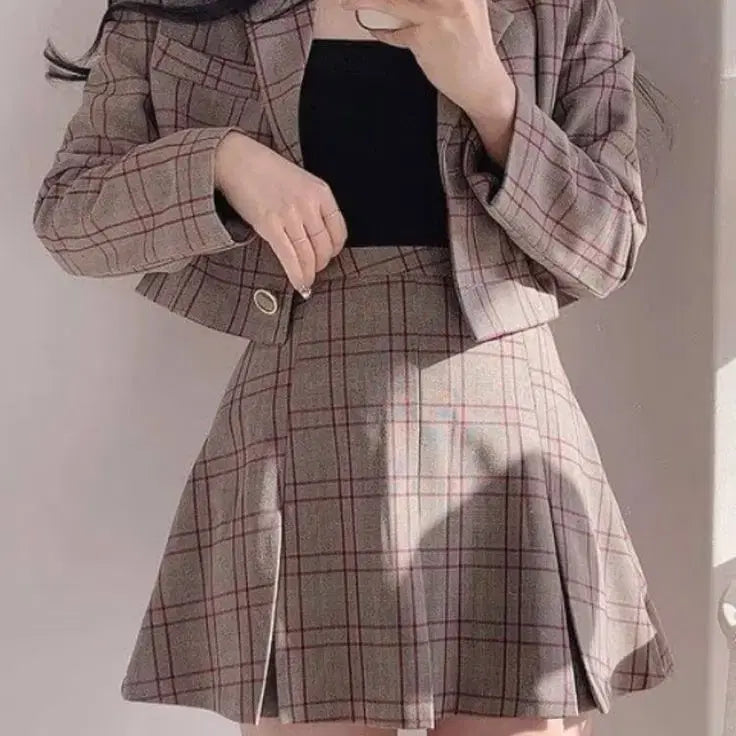 [BUNJANG] Brown Check Jacket + Skirt Set Two-Piece / 브라운 체크 자켓 + 스커트 셋업 투피스