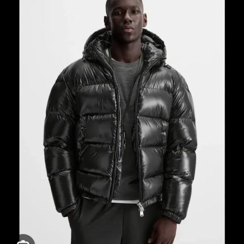 [BUNJANG] Zara Black Glossy Padded Short Jacket (Hoodless Version) / 자라 블랙 유광 패딩