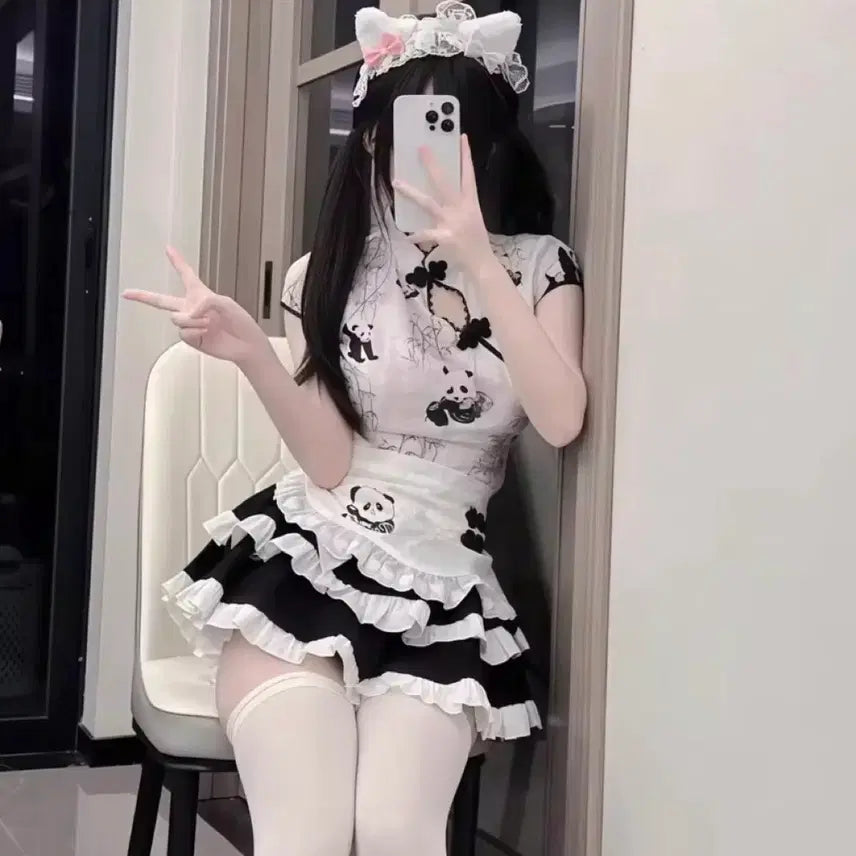 [BUNJANG] Panda Pattern Cheongsam Maid Outfit Set / [새상품] 팬더 패턴 치파오 메이드복 세트
