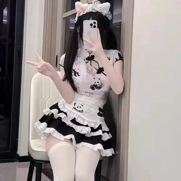 [BUNJANG] Panda Pattern Cheongsam Maid Outfit Set / [새상품] 팬더 패턴 치파오 메이드복 세트