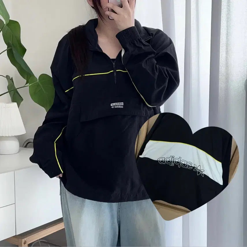 [BUNJANG] Adidas Black Patch Logo Kangaroo Half-Zip Windbreaker Jacket / 아디다스 블랙 패치로고 캥거루 반집업 바막 [ L ]