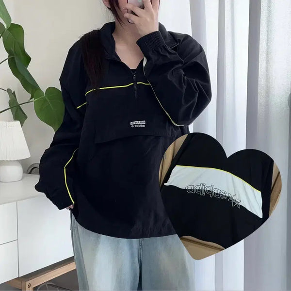 [BUNJANG] Adidas Black Patch Logo Kangaroo Half-Zip Windbreaker Jacket / 아디다스 블랙 패치로고 캥거루 반집업 바막 [ L ]
