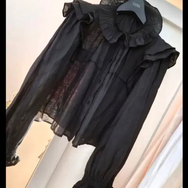 [BUNJANG] Linen Frill Blouse / 블랙블라우스   린넨블라우스     프릴블라우스  최저가